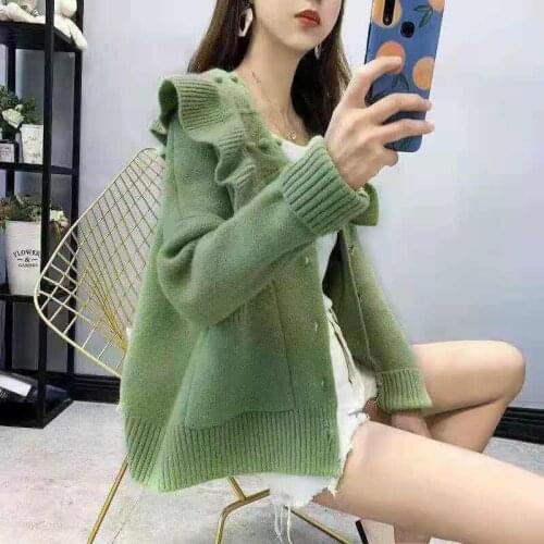 Neploe Sweet Knitting Cardigans Turn Down Collar Long Sleeve Big Pocket Ruffle Sweater 2021 Autumn New Fashion Solid Color Coats