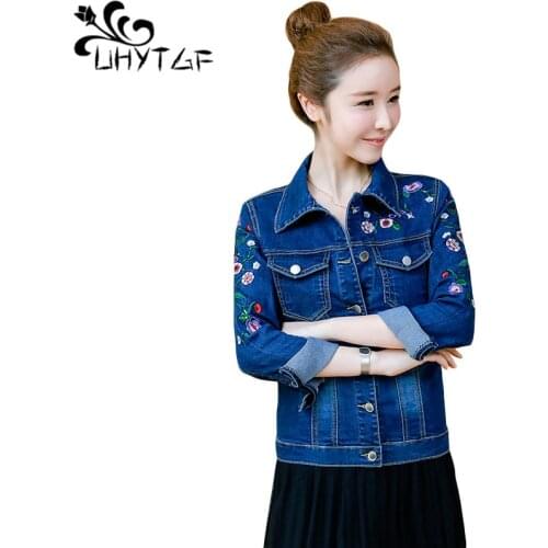 UHYTGF Autumn Jacket Women Fashion Embroidery Short Denim Jacket Female Long Sleeve Slim Outwear Casual Jeans Jacket Ladies 878