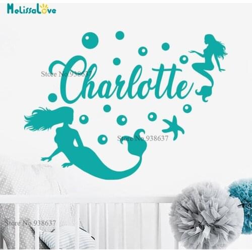 Custom Name Two Mermaid Sea Lover Ocean Theme Vinyal Wall Sticker Girl Room Decal Bubble Mural Wallpaper Nursery Decor BA058