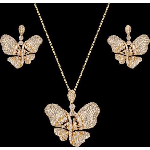 Zlxgirl jewelry Three Color butterlfy shape wedding necklace and earring jewelry sets metal cooper cubic zircon pendant ears set