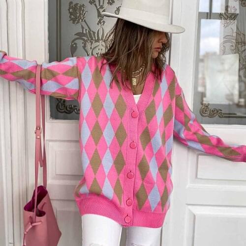 Womens Clothing Knitted Sweaters Jumper Diamond Plaid Single-breasted Buttons Loose Casual Knitted Cardigan Sweater Outfit