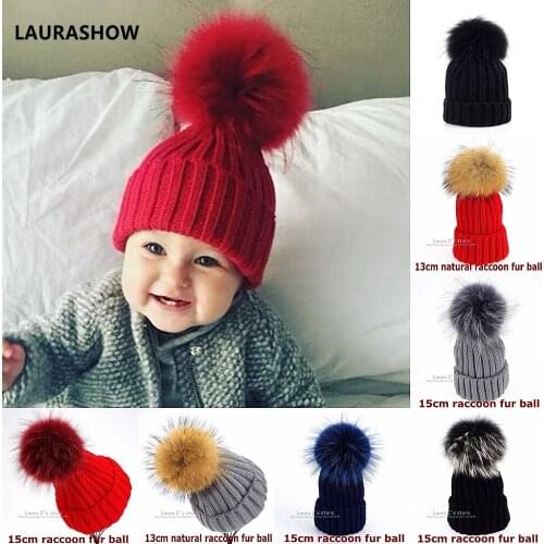 LAURASHOW Winter Kids Hats Beanies Caps Knit Hat Baby Girls Boys Raccoon Mink Fur Pom Poms Wool