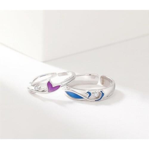 Sole Memory Color Drip Glaze Wave Fish Tail Couple Gift 925 Sterling Silver Female Resizable Opening Rings SRI966