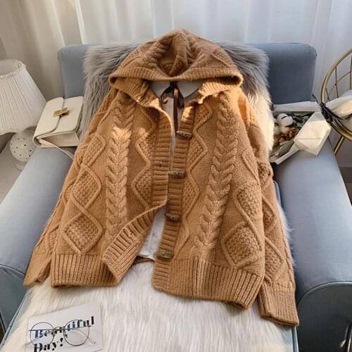 Women Warm Sweater Coat Stylish Hoodie Autumn Winter New Long Sleeve Single Breasted Solid Loose Knit Cardigan Tide Ladies 2021