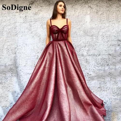 SoDigne Burgundy Sweetheart Glitter Evening Dress Velvet Spaghetti Straps Long Prom Dress With Pocket A Line Party Gowns