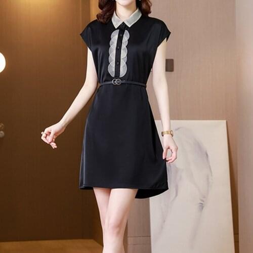 Office ladies OL work dress Women fashion chiffon patchwork satin imitation silk dress single-breasted belt tunic midi dress