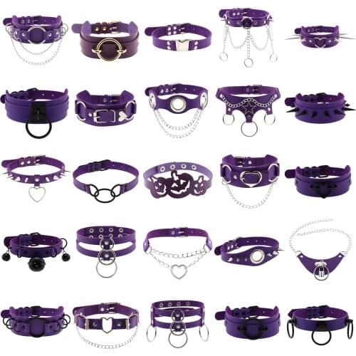 Chain necklaces for women egirls purple PU Leather Choker Pumpkin halloween Rivet Rock grunge Couple pendants gothic jewelry
