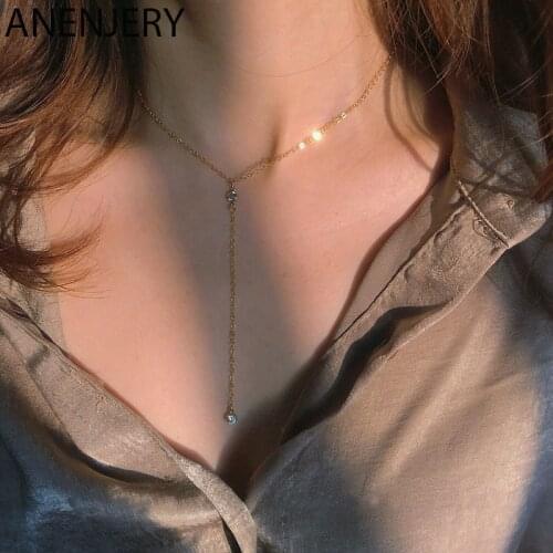 ANENJERY 925 Sterling Silver Zircon Y-Shaped Tassel Necklace for Women Temperament Long Clavicle Chain Light Luxury Jewelry