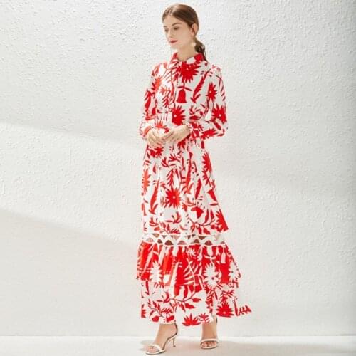 Autumn Elegant Women High-end Turn Down Collar Full Sleeve Flower Print Vacation Hollow Out Ruffles Patchwork Maxi Dress
