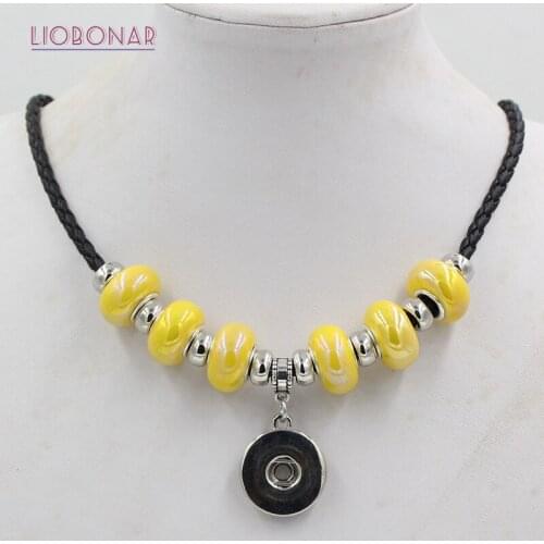 10pcs/lot Wholesale Snap Necklace 10 Colors Yellow Ceramic Bead with 18mm Button Pendant Leather Necklace For Snap Jewelry DIY