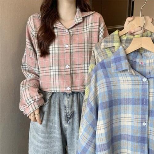 Autumn New Vintage Plaid Oversized Blouse Women Korean Fashion Lantern Sleeve Cotton Shirts Student Button Up Tops Mujer 2021
