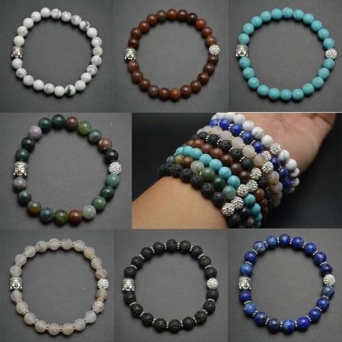 10pcs Mixed Color Natural Semi-precious Stone Stretch Bracelets Alloy Buddha Shambhala Decorator Women Bangles Christmas Gift