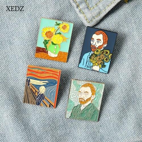 XEDZ Fashion Cartoon Celebrity Oil Painting Portrait Enamel Brooch Van Gogh Sunflower Star Badge Costume Decoration Gift