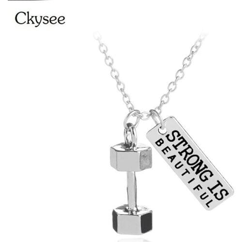 Ckysee Strong Is Beautiful Barbell Pendant Necklace For Women Sport Dumbbell Choker Necklace Gym Workout Men Fitness Jewelry