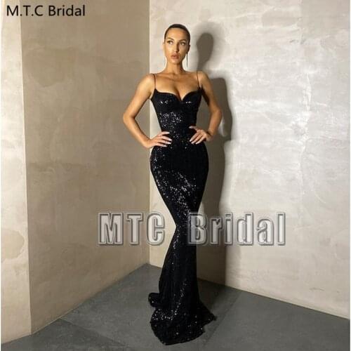 Black Mermaid Prom Dresses Long Sparkly Sequin Spaghetti Straps Special Occasion Dress Plus Size Women Wedding Party Gowns