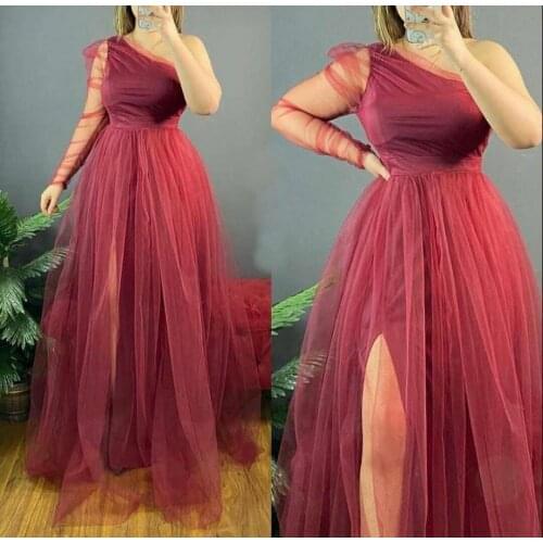 Elegant long One Shoulder Red Evening Dresses with Slit A-Line Pleated Zipper Back Tulle Abendkleid Formal Party Gown for Women