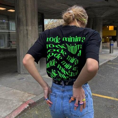 Abstract twisted letters T shirt Women Fashion Hip Hop Dance tshirt Cotton Black High Street Clothes Summer Tops