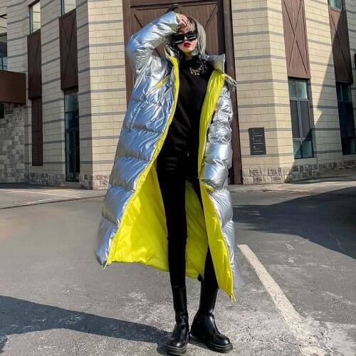 Glossy Winter Women Down Jacket Long Loose Hooded Female Parka White Duck Down Windproof Rainproof Warm Womens Winter Snow Coats