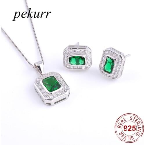 Pekurr 925 Sterling Silver Luxurious Big Rectangle Gems Earrings Necklace Sets For Women Zircon Geometry Pendants Jewelry