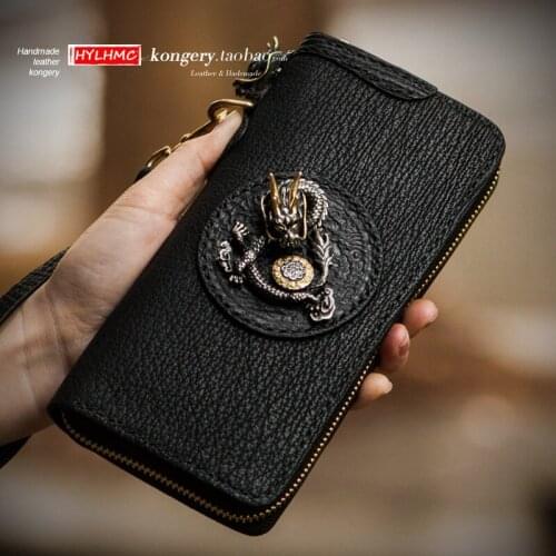 Handmade Shark Leather Men Wallets Luxury Zipper Long Purse Retro Wallet Clip Leather Clutch Bag Male Card Holder Wallets Black