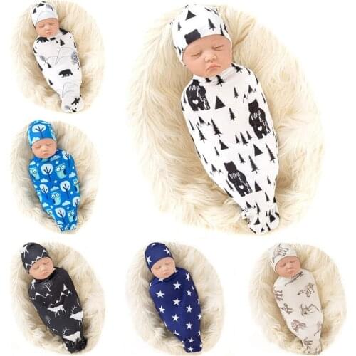 2 Pcs Newborn Baby Printing Receiving Blanket Hat Set Swaddle Wrap Hair Band Set 54DF