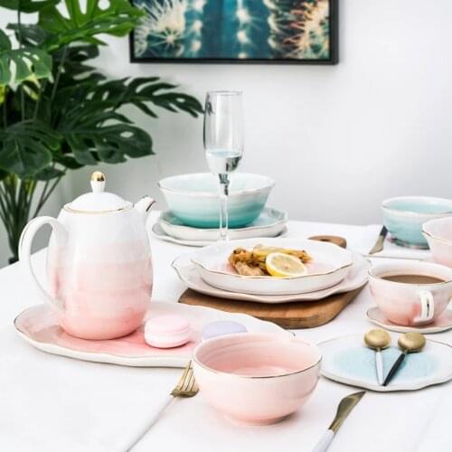 Blue And Light Pink Ceramic Gold Tableware Porcelain Plate Coffee Mug Cup Bowl Teapot Dish Table Elegant Party Decoration