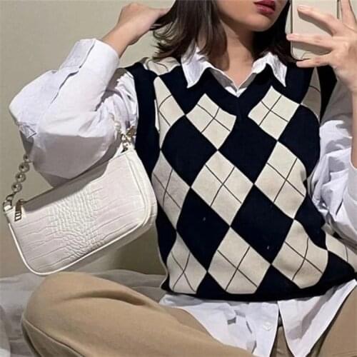 American Academy wind diamond plaid knitted vest trend womens wear new loose-fitting crash plaid knitted vest DLsy2413