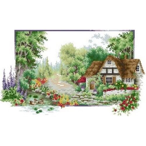 Top Quality beautiful lovely counted cross stitch kit lake house home with flower tree duck in summer