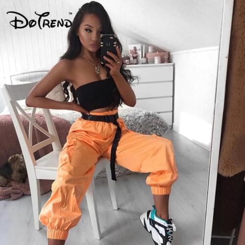 Dotrend Women Orange Pants Elastic High Waist with Pockets Casual Cargo Pants 2019 New Fashion Street Female Workout Trousers