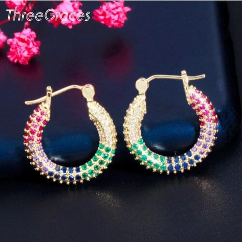 ThreeGraces Newest Fashion Colorful Cubic Zirconia Yellow Gold Color Simple Hoop Earrings for Women Daily Party Jewelry ER541