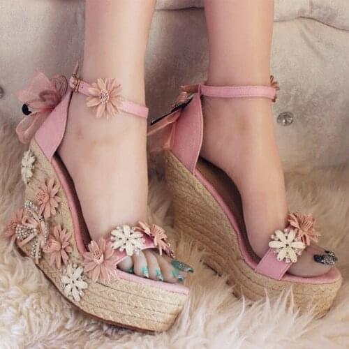 Handmade straw braided hate sky high word flower bow female sandals pink tender rhinestone sandals women