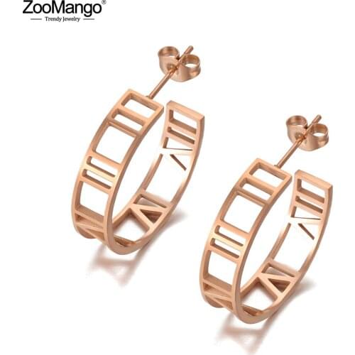 ZooMango Vintage 316L Stainless Steel Semicircle Roman Numeral Wedding Earrings For Women Geometric CZ Crystl Earrings ZE20094