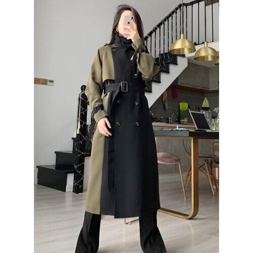 2019 Fall /Autumn Casual Double breasted Simple Classic Long Trench Coat With Belt Patchwork Color Female Windbreaker Outerwear