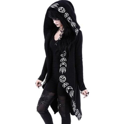 Gothic Zip Up Hoodie Streetwear Women Top Punk Moon Print Sweatshirt Black Hooded Long Oversized Clothes Cardigan Fleece Hoodie