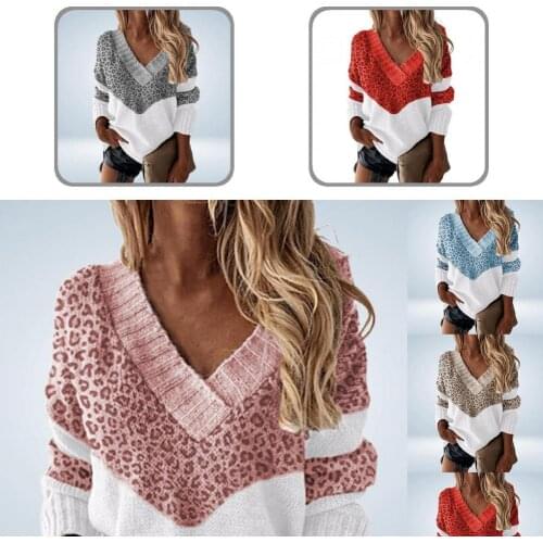 Sweater Casual Color Block V Neck Knitted Sweater Autumn Winter Knitted Top Long Sleeve for Party