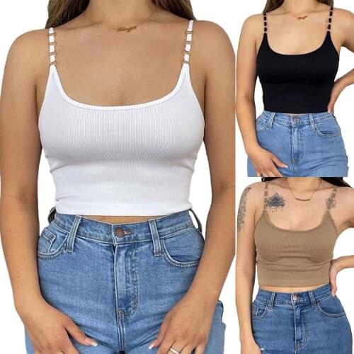 2021 New fashion Womens Rib Knit Camisole, Metal Ring Spaghetti Strap Solid Color Crop Cami Tops