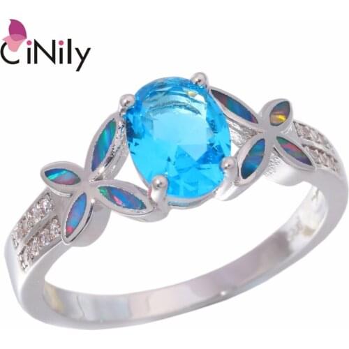 CiNily Created Rainbow Fire Opal Blue Stone Cubic Zirconia Silver Plated Wholesale for Women Jewelry Ring Size 6-9 OJ9236