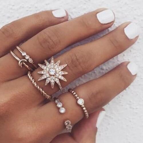 6 pieces / set of boho retro moon stars simulation crystal ring set female charm ring accessories wedding jewelry gifts