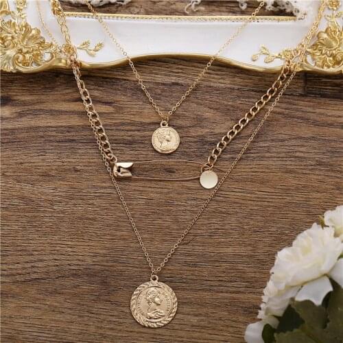 Bohemian Vintage Paper Clip Portrait Coin Necklace Engeaved Medallion Multi Layered Pendant Necklace for Women Collier Collares
