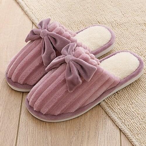 Winter Ladies Slippers Cute Bowknot Round Toe Couple Shoes Anti-Slip Plush Indoor Soft Fashion Female Womens Cotton Slippers