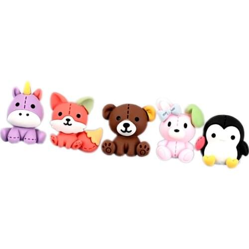 20Pcs Cartoon Resin Animal Unicorn Fox Bear Bunny Penguin Scrapbook Patch DIY Craft Kids Hairpin Appliques Figurines Brooch Toys