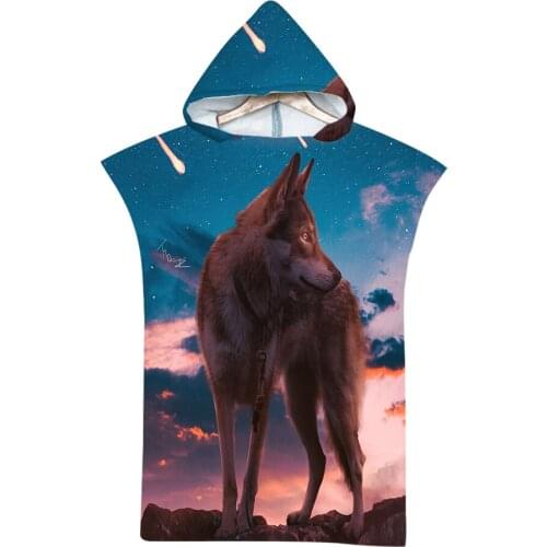 3D Printed Wolf Microfiber Quick Dry Wetsuit Changing Robe Poncho Beach Towel Bathrobe Cloaks Hooded Swimming Pool Gym Bath Towe