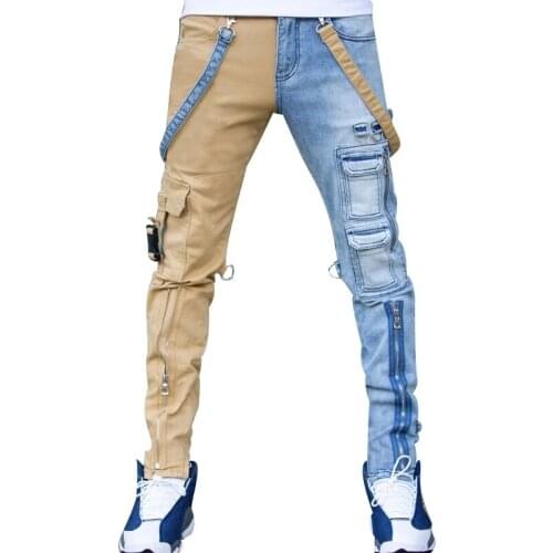 Mens Jeans 2021 High Street Slim Straight Overalls Men Oversized Hip-Hop Yellow Blue Patchwork Denim Trousers Fashion Casual