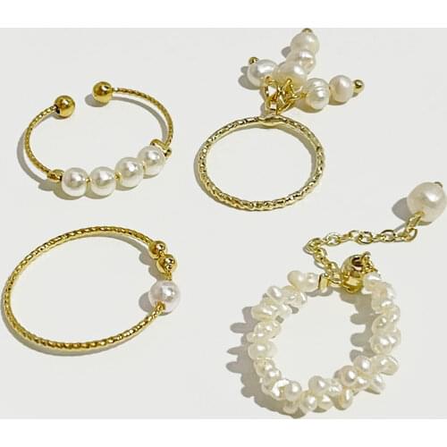 PerisBox 4 Designs Beaded Natural Freshwater Pearl Rings Cluster Irregular Rings for Women Tassel Minimalist Elegant Ring 2020