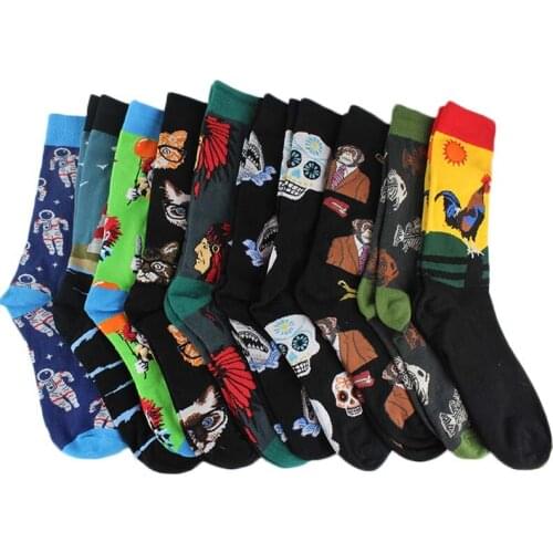 Creative Painting Cotton Funny Colorful Men Socks Wedding Clacetines Hombre Divertidos Animal Food Cute Crew Socks Skarpetki
