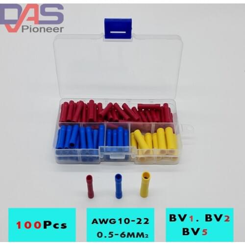 100pcs BV1 BV2 BV5 Terminator wire connector Butt Connectors Assortment Joiner Crimp Electrical Wire Splice Terminal