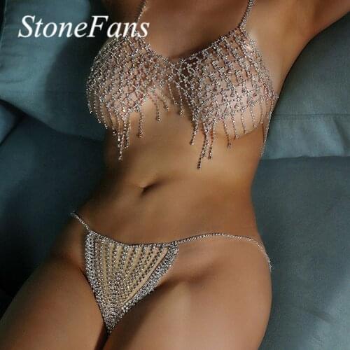 Stonefans Bikini Jewelry Crystal Underwear Bra and Thong Set for Women Sexy Colorful Rhinestone Bralette Panties Body Chain Sets