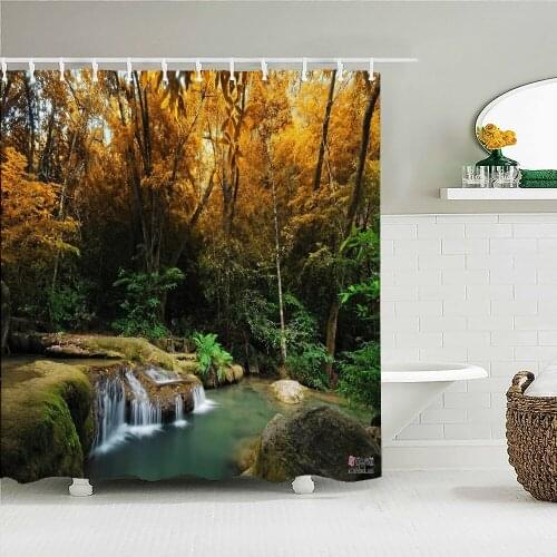Beautiful natural landscape, forest, waterfall, shower curtain, waterproof, bathroom layout, home decoration