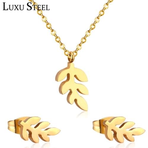 LUXUSTEEL Summer Style collares Leave Pendant Necklace Earrings Brinco Gold Color Stainless Steel Jewelry Sets For Women