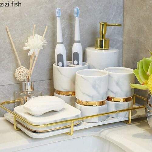 Golden Lines Texture Ceramic Bathroom Decoration Accessories Set Portable Soap Dispenser Toothpaste Holder Mouth Cup Soap Dishes